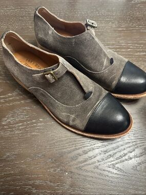 Kork-Ease Taupe Suede and Black Leather Cap-Toe Monk Flats